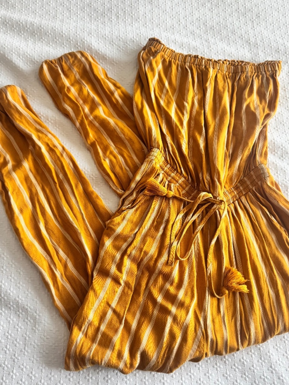 Forever 21 Contemporary Mustard Yellow Strapless Striped Jumpsuit | Size XS
